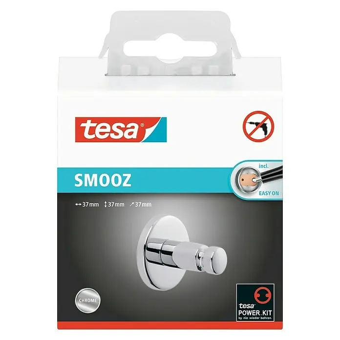 Tesa Smooz Handtuchhaken - Chrom, Glänzend - Abbildung der Tesa SMOOZ-Verpackung mit einem selbstklebenden, verchromten Wandhaken für Bad-Accessoires.