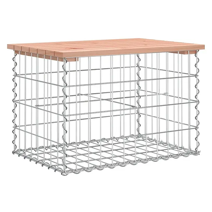 Furnicato Gartenbank Douglasien-Massivholz - B x T x H: 63 x 44 x 42 cm, Natürliches Douglasie - Gabionenkorb aus silbernem Metall mit heller Holzlattenplatte als funktioneller Gartentisch.