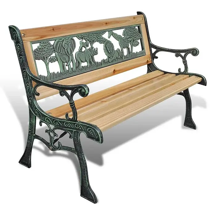 Furnicato Gartenbank Bronze-Optik Holz - B x T x H: 84 x 37 x 50 cm, Braun - Gartenbank mit dunkelgrünem Gusseisengestell und naturfarbenen Holzlatten, mit Tiermotiv-Rückenlehne.