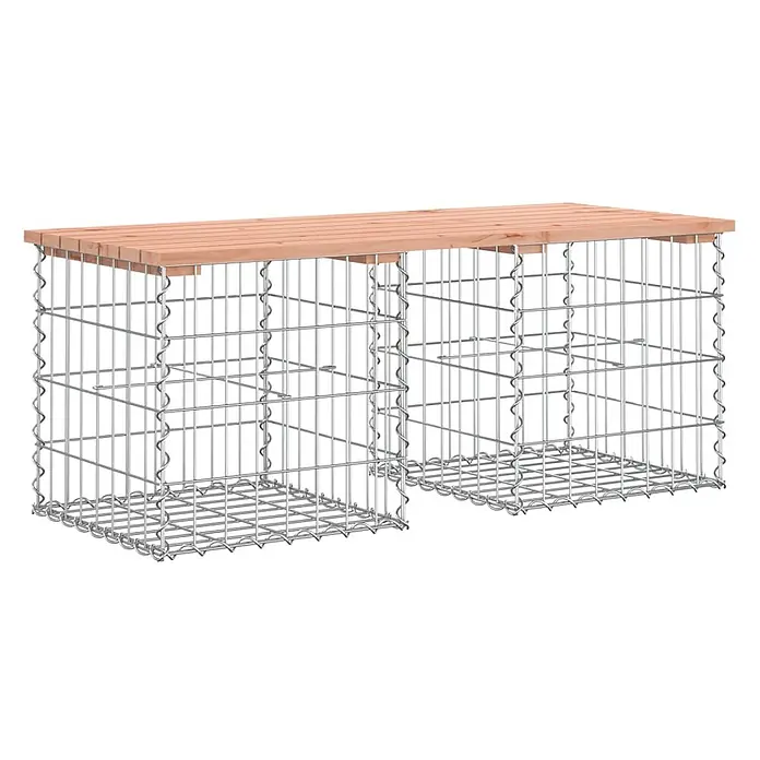 Furnicato Gartenbank Douglasien-Massivholz - B x T x H: 103 x 44 x 42 cm, Natürliches Douglasie - Gabionenbank oder -tisch aus silbernem Drahtgitter mit hellbrauner Holzlattenplatte.