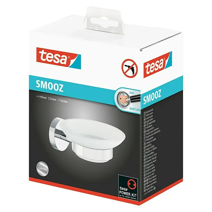 Tesa Smooz Seifenschale - Mit Halterung, Satiniert/Chrom, Glänzend - Bild einer Tesa Smooz Seifenschale in einer Produktverpackung, die eine stilvolle und funktionale Badaccessoire zeigt.