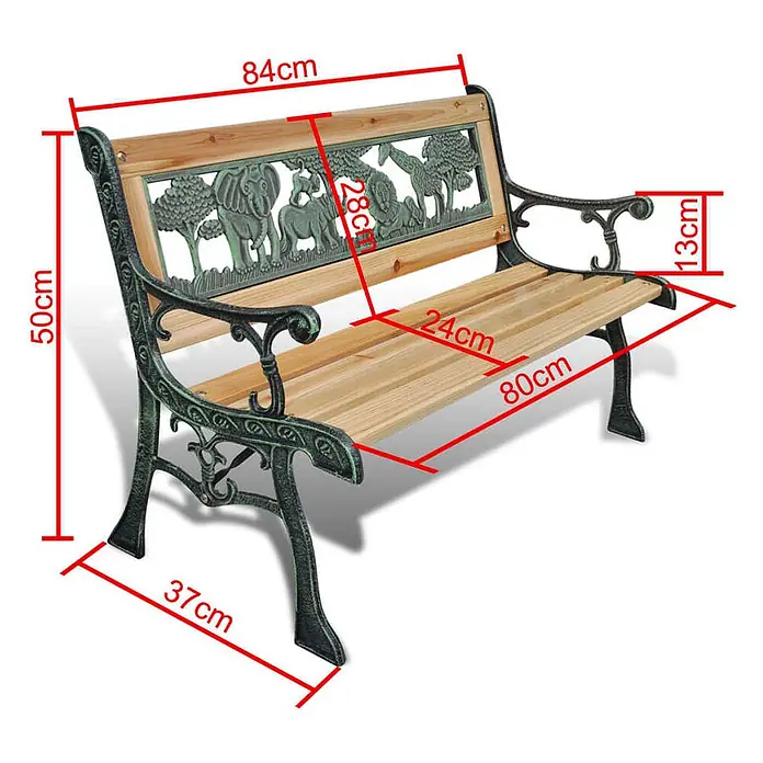 Furnicato Gartenbank Bronze-Optik Holz - B x T x H: 84 x 37 x 50 cm, Braun - Gartenbank aus hellem Holz mit dunklem, verziertem Metallrahmen, der Tier- und Baumdesigns zeigt.