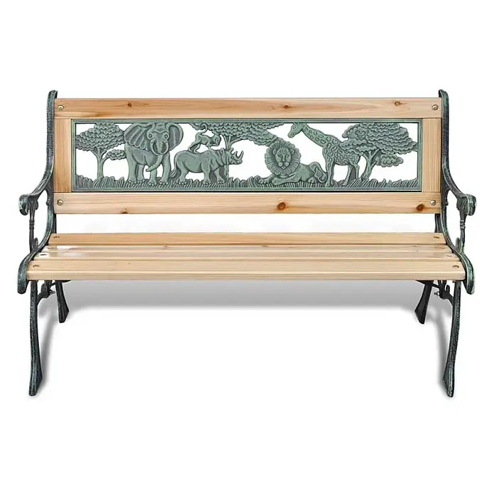 Furnicato Gartenbank Bronze-Optik Holz - B x T x H: 84 x 37 x 50 cm, Braun - Gartenbank aus Holz mit Gusseisengestell und Rückenlehne mit geprägten Safaritieren: Elefant, Nashorn, Löwe, Giraffe.