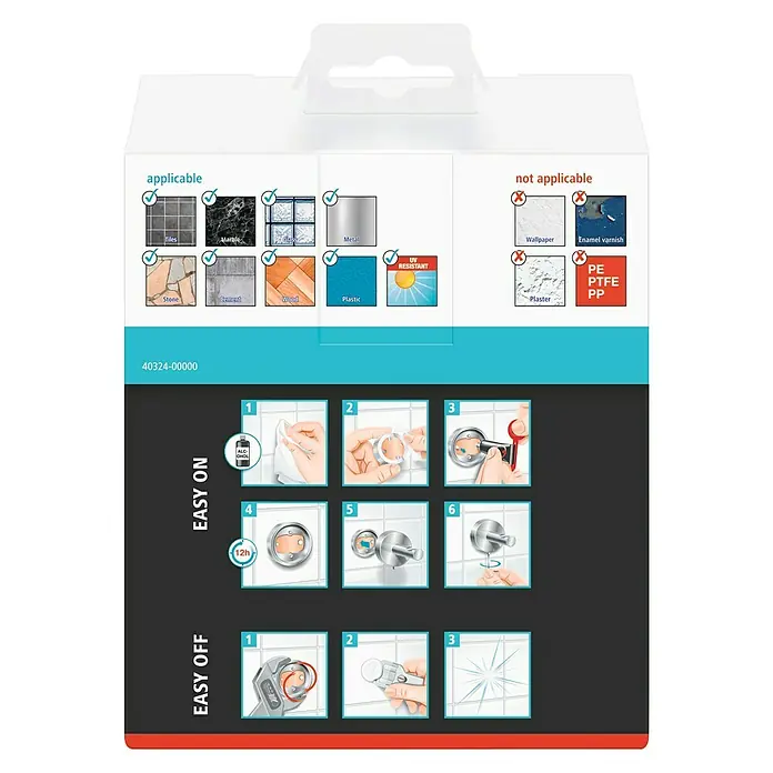 Tesa Smooz Seifenschale - Mit Halterung, Satiniert/Chrom, Glänzend - Produktdarstellung auf einer Verpackung, die Anwendungsbereiche und Anleitungen für eine einfache Montage und Demontage zeigt.