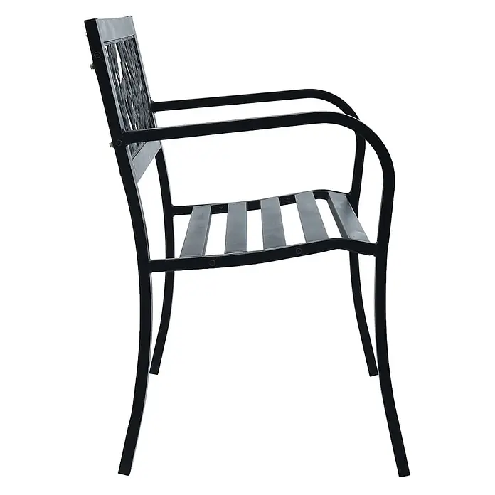 Furnicato Gartenbank pulverbeschichtet - B x T x H: 125 x 53 x 77 cm, Schwarz - Schwarzer Outdoor-Metallstuhl mit Lattenrostsitz und dekorativer Rückenlehne, Seitenansicht.
