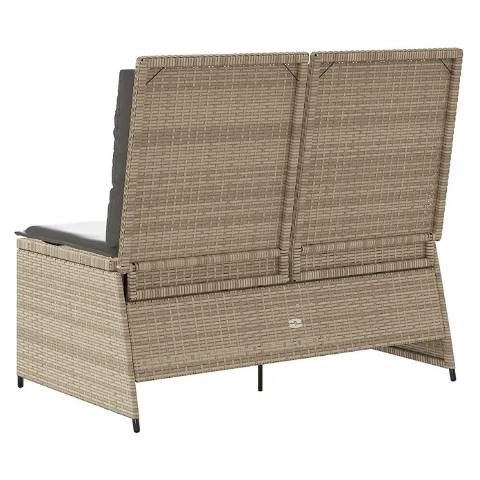 Furnicato Gartenbank Poly-Rattan - B x T x H: 110 x 110 x 95 cm, Beige und Grau - Hellbeiges Rattan-Effekt Gartensofa für 2 Personen mit dunkelgrauen Kissen, von hinten und der Seite.