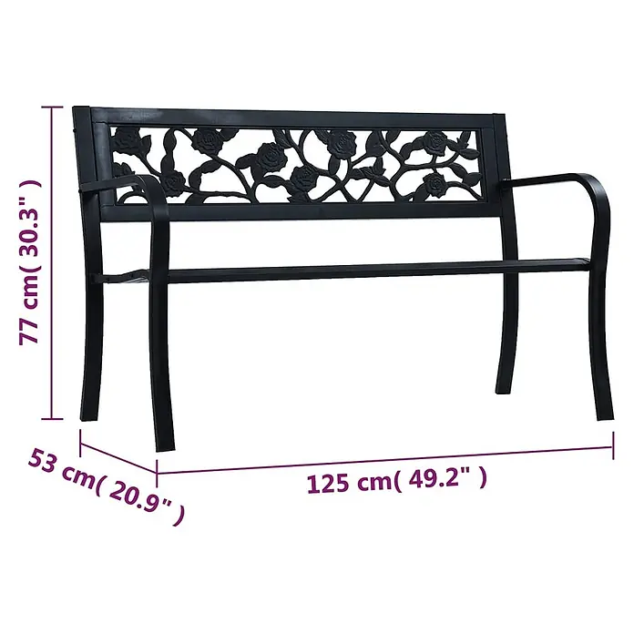 Furnicato Gartenbank pulverbeschichtet - B x T x H: 125 x 53 x 77 cm, Schwarz - Schwarze Metallgartenbank mit dekorativer Rosenmuster-Rückenlehne.