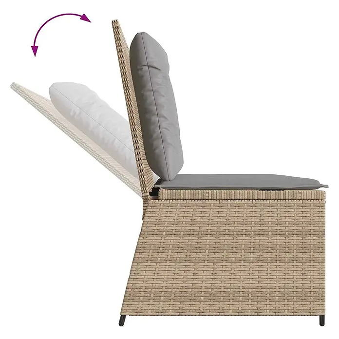 Furnicato Gartenbank Poly-Rattan - B x T x H: 110 x 110 x 95 cm, Beige und Grau - Beiger Rattan-Sessel mit grauen Kissen und verstellbarer Rückenlehne.