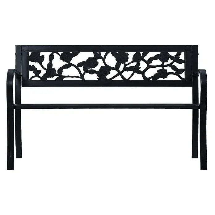 Furnicato Gartenbank pulverbeschichtet - B x T x H: 125 x 53 x 77 cm, Schwarz - Schwarze Gartenbank aus Metall mit floralem Rosenmuster auf der Rückenlehne.