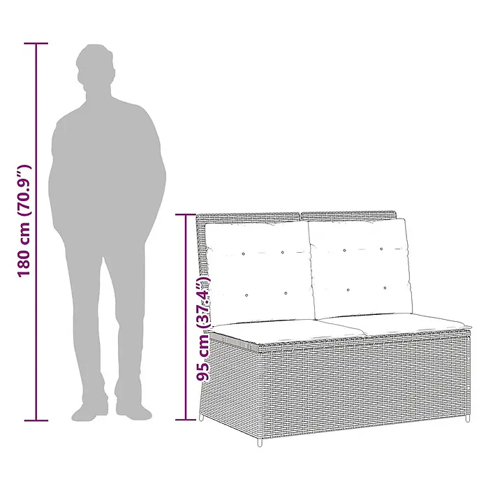 Furnicato Gartenbank Poly-Rattan - B x T x H: 108 x 110 x 95 cm, Schwarz und Cremeweiß - Zweisitzer-Rattansofa mit hellen Kissen, dargestellt mit einer Person zur Größenreferenz. Sofahöhe 95 cm.