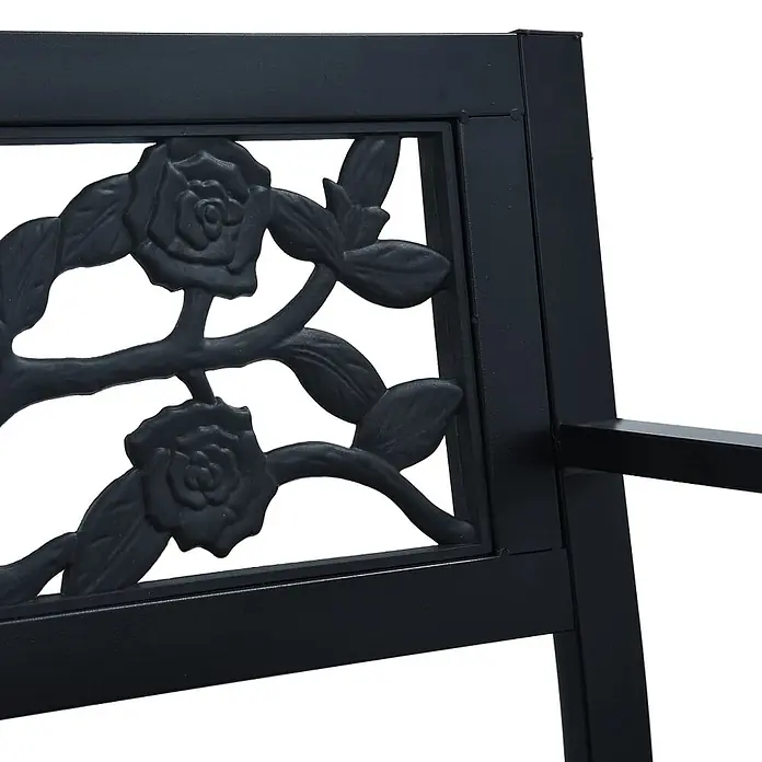 Furnicato Gartenbank pulverbeschichtet - B x T x H: 125 x 53 x 77 cm, Schwarz - Nahaufnahme einer schwarzen Metallbanklehne mit einem kunstvollen Rosen- und Blätterdesign.