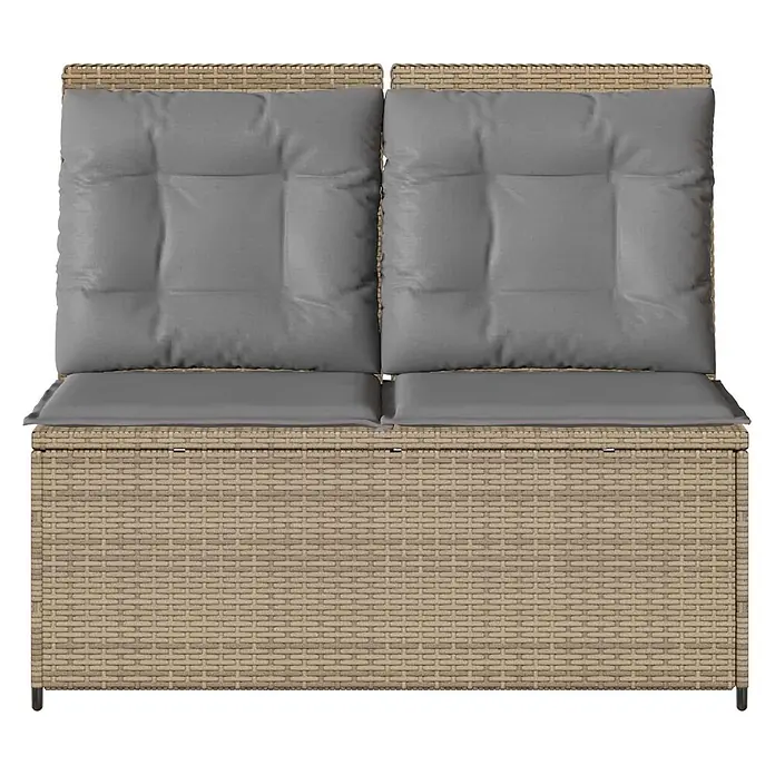 Furnicato Gartenbank Poly-Rattan - B x T x H: 110 x 110 x 95 cm, Beige und Grau - Beigefarbene Rattan-Zweisitzer-Sitzbank mit Stauraum und grauen Kissen.