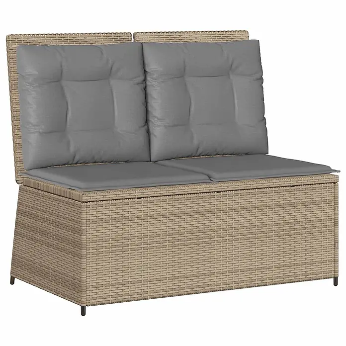 Furnicato Gartenbank Poly-Rattan - B x T x H: 110 x 110 x 95 cm, Beige und Grau - Beigefarbene Rattan-Outdoor-Aufbewahrungsbank mit zwei grauen Rücken- und Sitzkissen.