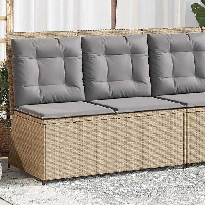 Furnicato Gartenbank Poly-Rattan - B x T x H: 110 x 110 x 95 cm, Beige und Grau - Modulares beiges Rattan-Gartensofa mit grauen Kissen.