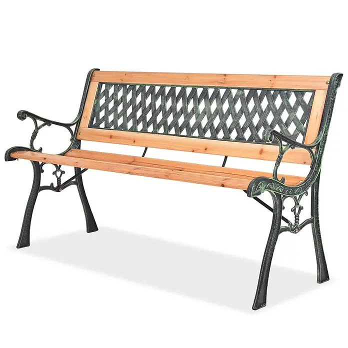 Furnicato Gartenbank - B x T x H: 51 x 122 x 73 cm, Braun - Gartenbank mit naturbelassenen Holzlatten und ornamentalem dunkelgrünem Metallgestell mit Gitterlehne.