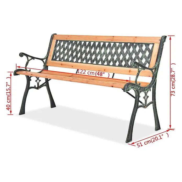 Furnicato Gartenbank - B x T x H: 51 x 122 x 73 cm, Braun - Gartenbank aus Holz mit grün-schwarzem Gusseisengestell, 122 cm lang, 73 cm hoch, 51 cm tief, Sitzhöhe 40 cm.
