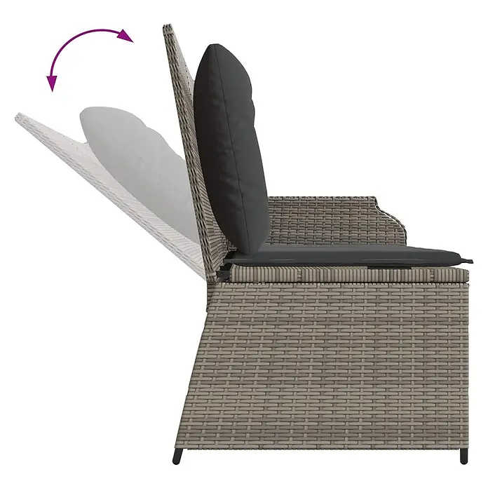Furnicato Gartenbank - Grau - Hellgrauer Rattan-Gartenstuhl mit dunkelgrauen Kissen und verstellbarer Rückenlehne.