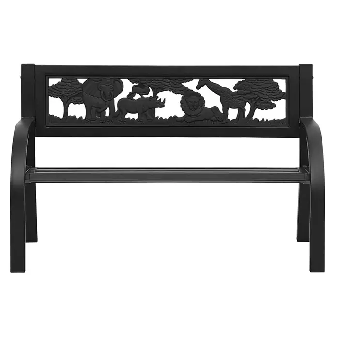 Furnicato Gartenbank Stahl - B x T x H: 86 x 41 x 53 cm, Schwarz - Schwarze Metall-Gartenbank mit aufwendiger Rückenlehne mit geprägten Safari-Tieren wie Elefant, Nashorn, Löwe und Giraffe.