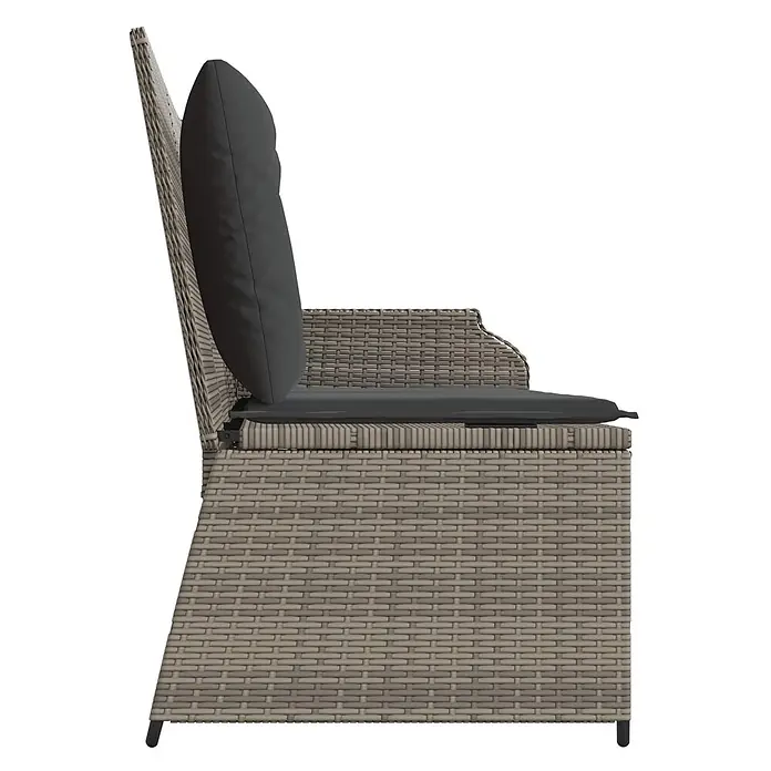 Furnicato Gartenbank - Grau - Seitenansicht eines grauen Polyrattan-Gartenlounge-Sessels mit dunkelgrauen Kissen und Armlehnen.