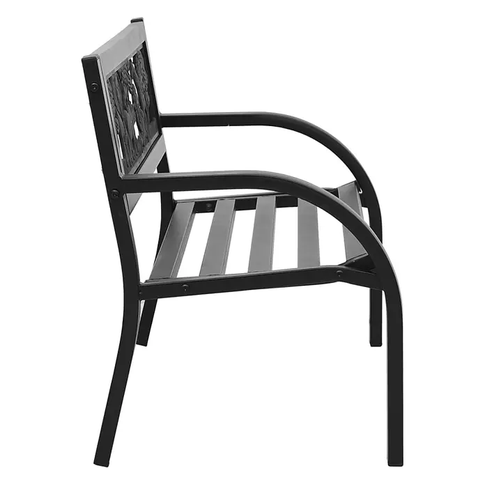 Furnicato Gartenbank Stahl - B x T x H: 86 x 41 x 53 cm, Schwarz - Seitenansicht einer schwarzen Metallgartenbank mit dekorativer Rückenlehne und Lattenrostsitzfläche.