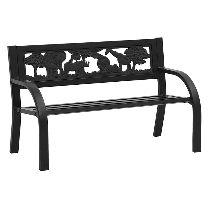 Furnicato Gartenbank Stahl - B x T x H: 86 x 41 x 53 cm, Schwarz - Schwarze Metallgartenbank mit Rückenlehne, die dekorative Tier- und Baum-Ausschnitte aufweist.
