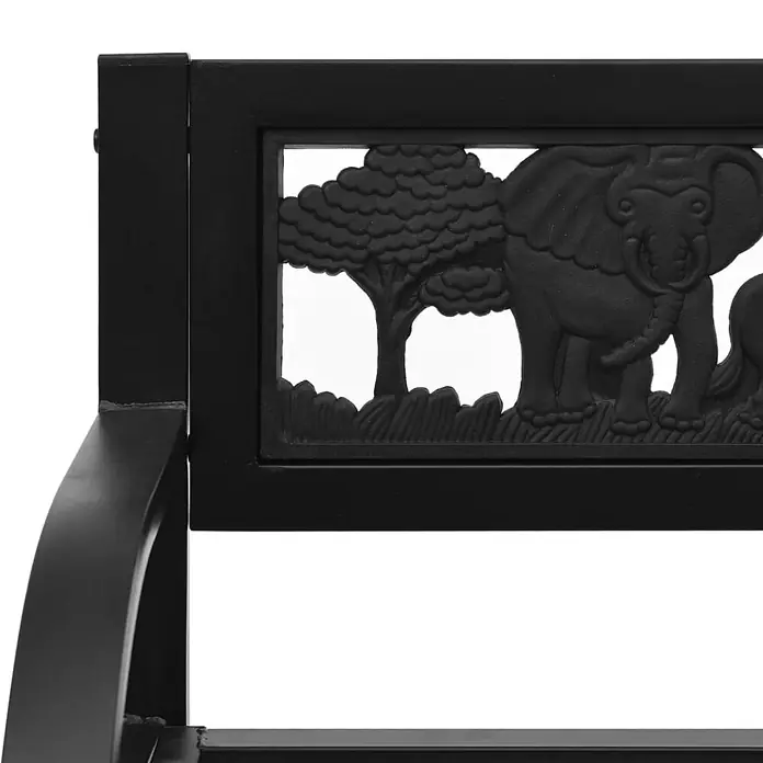 Furnicato Gartenbank Stahl - B x T x H: 86 x 41 x 53 cm, Schwarz - Schwarze Metallbanklehne mit einem Elefanten- und Baumrelief.