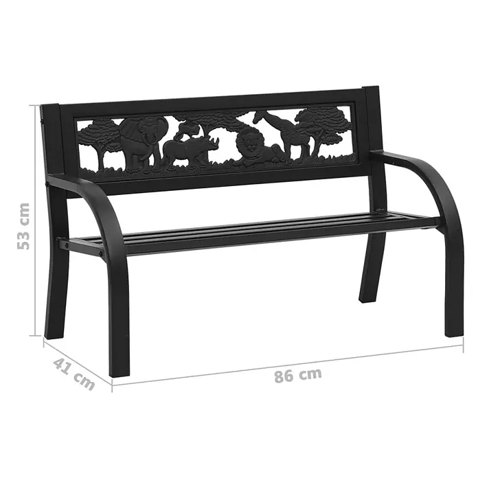 Furnicato Gartenbank Stahl - B x T x H: 86 x 41 x 53 cm, Schwarz - Schwarze Gartenbank aus Metall mit verzierter Rückenlehne, die Elefanten-, Nashorn-, Löwen- und Giraffenmotive zeigt.