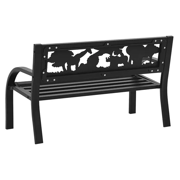 Furnicato Gartenbank Stahl - B x T x H: 86 x 41 x 53 cm, Schwarz - Schwarze Metall-Gartenbank mit einer dekorativen Rückenlehne mit Dinosaurier-, Nashorn-, Elefant- und Baumsilhouetten.