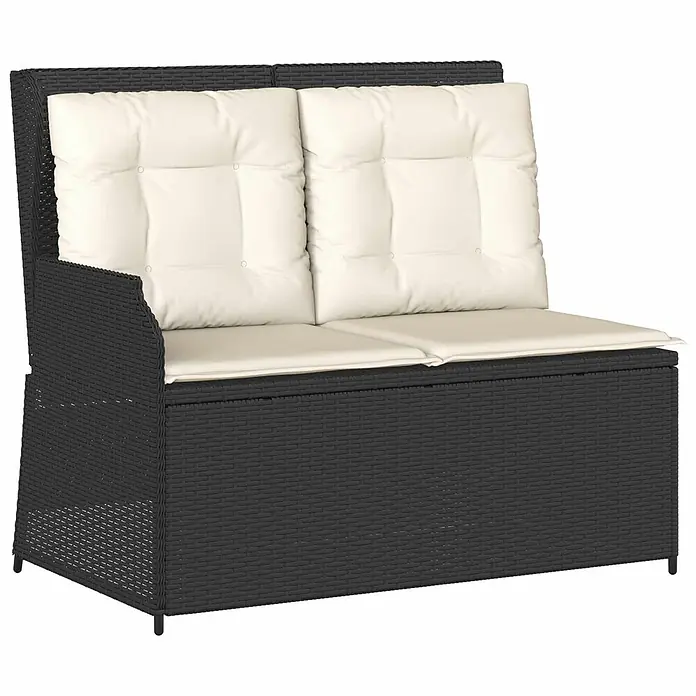 Furnicato Gartenbank Poly-Rattan - B x T x H: 108 x 110 x 95 cm, Schwarz und Cremeweiß - Schwarze Polyrattan 2-Sitzer Outdoor-Aufbewahrungsbank mit Armlehnen und getufteten cremefarbenen Kissen.