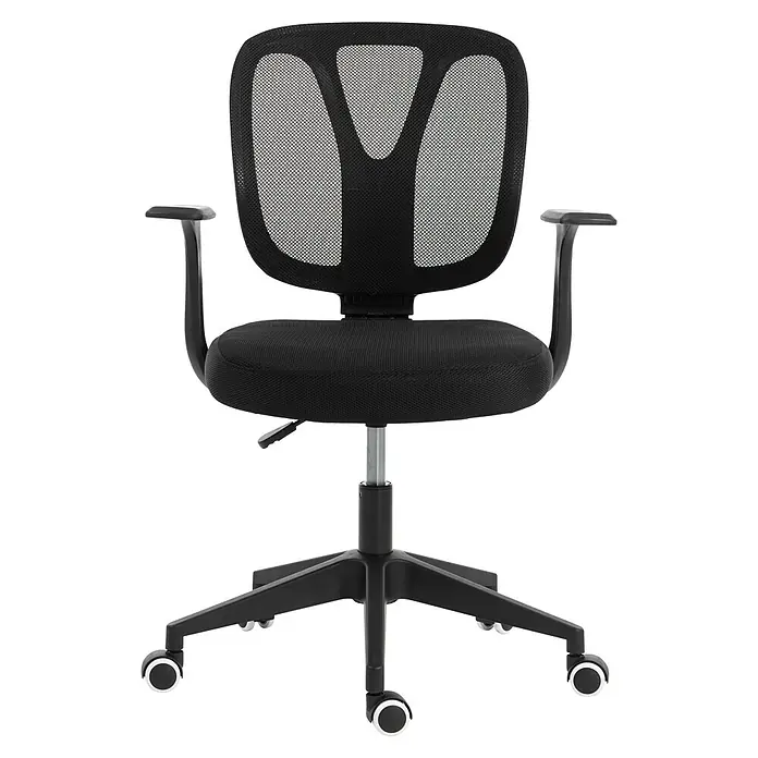 Silla de oficina Ana - Negro, Reposabrazos - Silla de oficina negra con respaldo de malla, asiento de tela, reposabrazos y base giratoria de cinco ruedas.