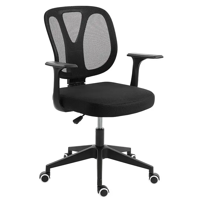 Silla de oficina Ana - Negro, Reposabrazos - Silla de oficina ergonómica de malla negra con reposabrazos y base con ruedas.