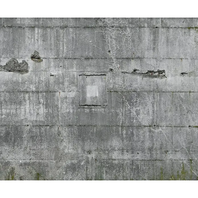 Rasch Fototapete Digitaldruck in Betonoptik - B x H: 372 x 300 cm, Vlies - Graue Betonwand mit rechteckiger Aussparung und sichtbaren Gebrauchsspuren, die eine industrielle und robuste Textur betont.