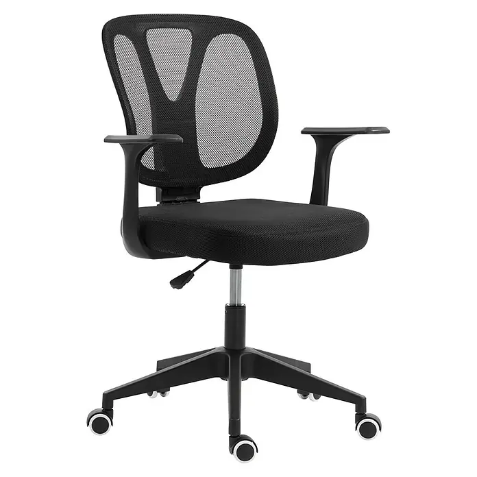 Silla de oficina Ana - Negro, Reposabrazos - Silla de oficina negra de malla con asiento de tela, altura ajustable, apoyabrazos negros y base con ruedas.