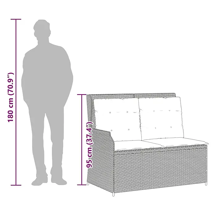 Furnicato Gartenbank Poly-Rattan - B x T x H: 108 x 110 x 95 cm, Hellgrau - Dunkles Rattan-Gartensofa (Zweisitzer) mit hellen Kissen, 95 cm hoch, neben einer 180 cm großen Person als Größenvergleich.