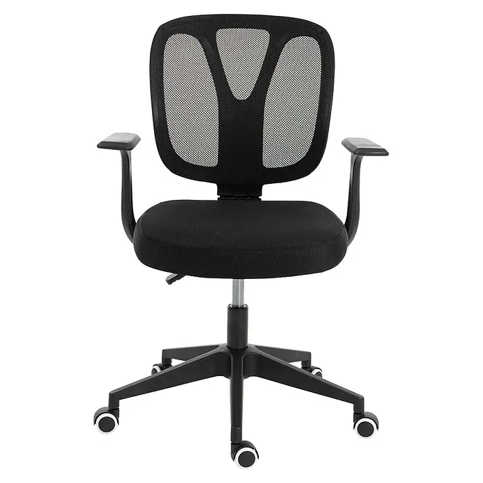 Silla de oficina Ana - Negro, Reposabrazos - Silla de oficina ergonómica negra con respaldo de malla, asiento de tela, altura ajustable y base de cinco ruedas.