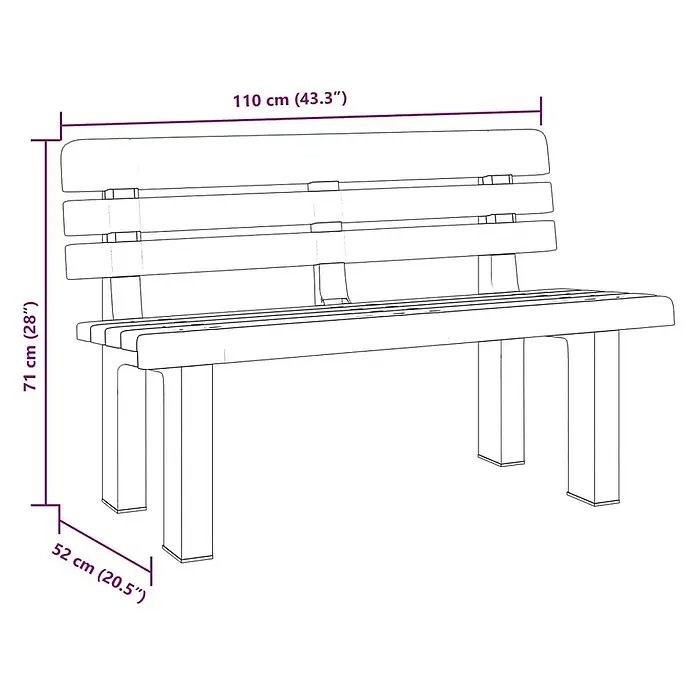 Furnicato Gartenbank Polypropylen Anthrazit - B x T x H: 52 x 110 x 71 cm, Anthrazit - Strichzeichnung einer einfachen Bank mit Maßen: 110 cm (B) x 71 cm (H) x 52 cm (T).