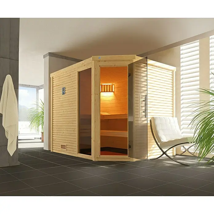Weka Massivholzsauna Cubilis 3 GTF - Ohne Ofen, L x B x H: 195 x 245 x 205 cm - Einladende Sauna mit Holzwänden und Glastür, ideal für Entspannung. Der perfekte Ort für Wellness zu Hause.