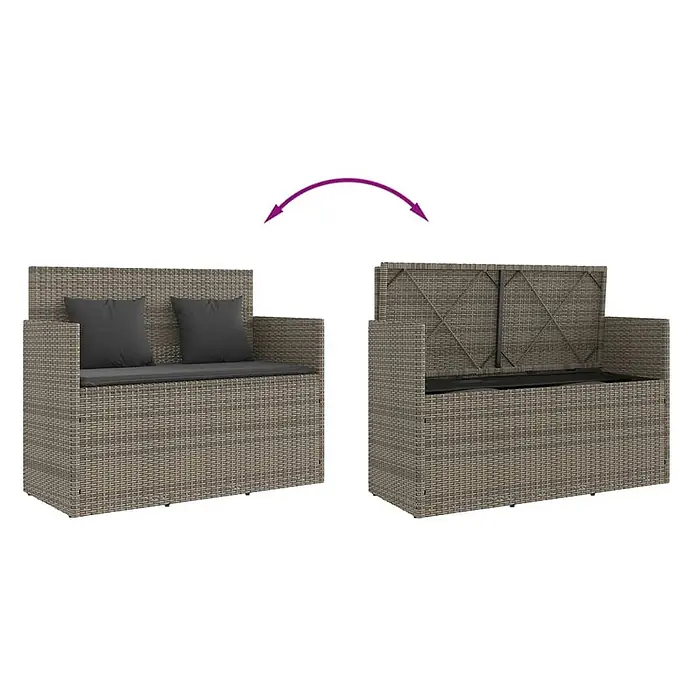 Furnicato Gartenbank - B x T x H: 120 x 50 x 90,5 cm, Grau - Graue Rattan-Gartenbank mit Stauraum, geschlossen mit Kissen und offen mit Stauraum gezeigt.