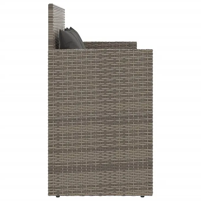 Furnicato Gartenbank - B x T x H: 120 x 50 x 90,5 cm, Grau - Seitenansicht eines grauen Polyrattan-Gartensofas mit dunklen Kissen.