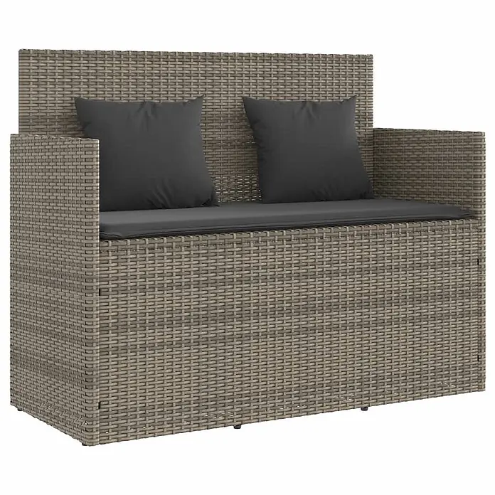 Furnicato Gartenbank PE-Rattan - B x T x H: 120 x 50 x 90,5 cm, Grau - Graue Rattan-Optik Outdoor-Aufbewahrungsbank mit dunkelgrauen Sitz- und Rückenkissen.