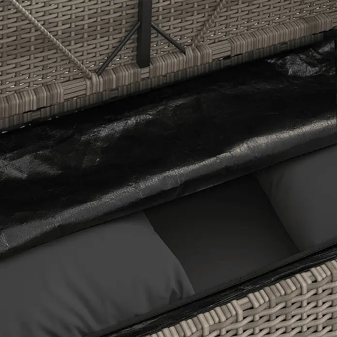 Furnicato Gartenbank - B x T x H: 120 x 50 x 90,5 cm, Grau - Offene graue Rattan-Aufbewahrungsbox mit schwarzem, wasserdichtem Futter zum Schutz grauer Kissen.