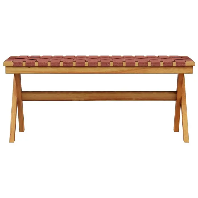 Furnicato Gartenbank Akazien-Massivholz geölt - B x T x H: 34 x 100 x 42 cm, Rot - Holzbank mit einer geflochtenen rötlich-braunen Sitzfläche.