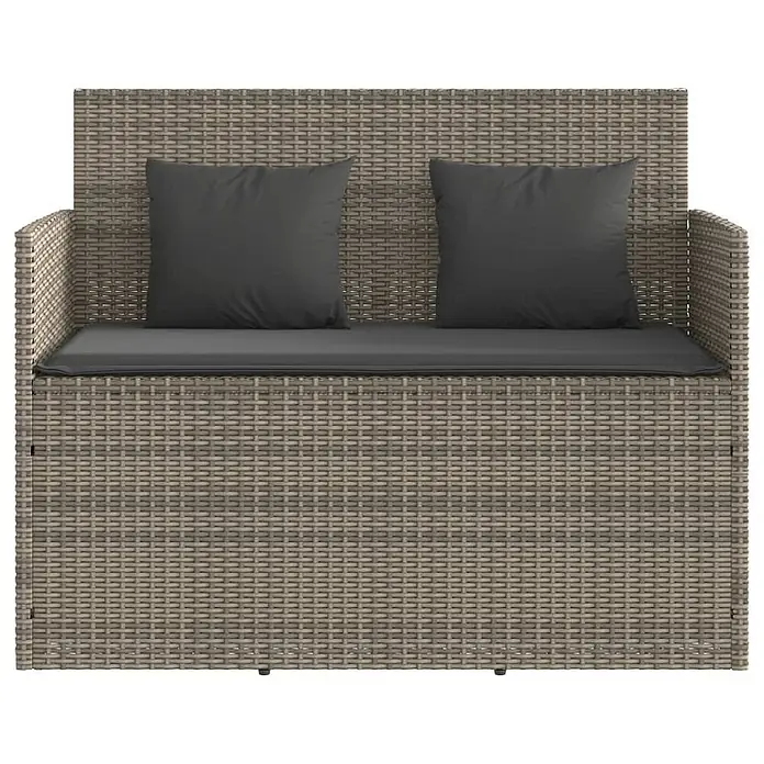 Furnicato Gartenbank PE-Rattan - B x T x H: 120 x 50 x 90,5 cm, Grau - Graue Rattan-Zweisitzer-Gartenbank mit dunkelgrauen Kissen.