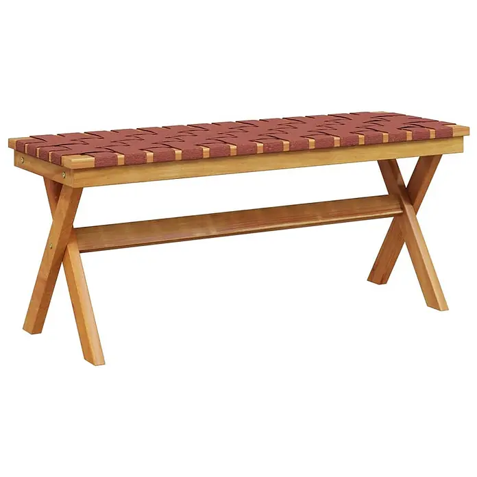 Furnicato Gartenbank Akazien-Massivholz geölt - B x T x H: 34 x 100 x 42 cm, Rot - Holzbank mit X-förmigem Beingestell und rotbrauner geflochtener Stoffbespannung.