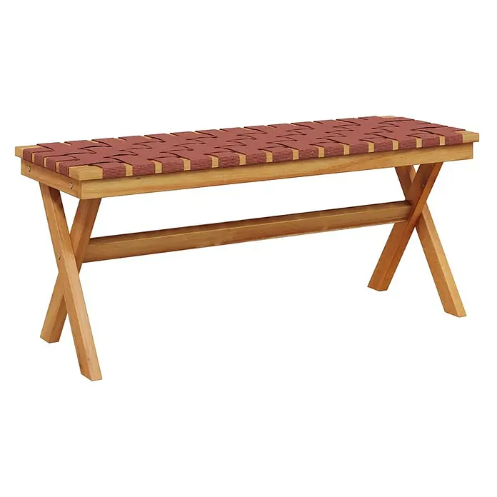 Furnicato Gartenbank Akazien-Massivholz geölt - B x T x H: 34 x 100 x 42 cm, Rot - Holzsitzbank mit einer rotbraunen geflochtenen Gurtbespannung.