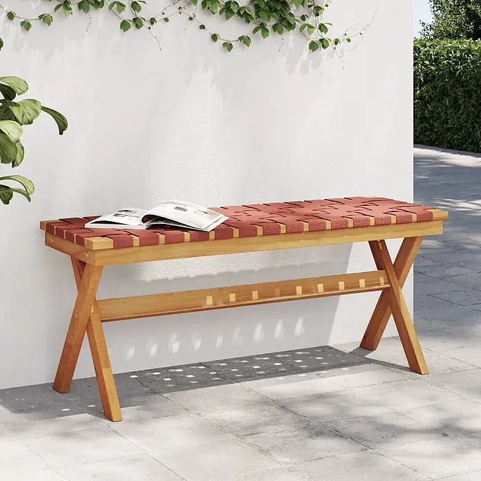 Furnicato Gartenbank Akazien-Massivholz geölt - B x T x H: 34 x 100 x 42 cm, Rot - Holzbank für draußen mit rot-gelbem geflochtenem Sitz und offenem Buch.
