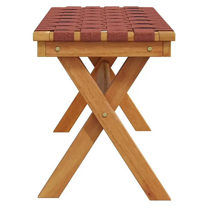 Furnicato Gartenbank Akazien-Massivholz geölt - B x T x H: 34 x 100 x 42 cm, Rot - Klapphocker aus Holz mit rotem geflochtenem Stoffsitz.