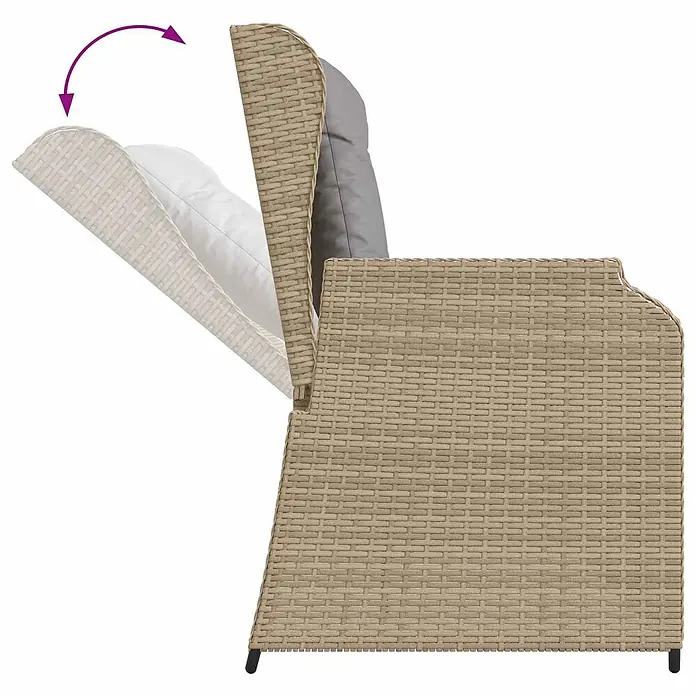 Furnicato Gartenbank Poly-Rattan - B x T x H: 108 x 110 x 95 cm, Beige und Grau - Beiger Polyrattan-Gartensessel mit verstellbarer Rückenlehne, in liegender Position gezeigt.