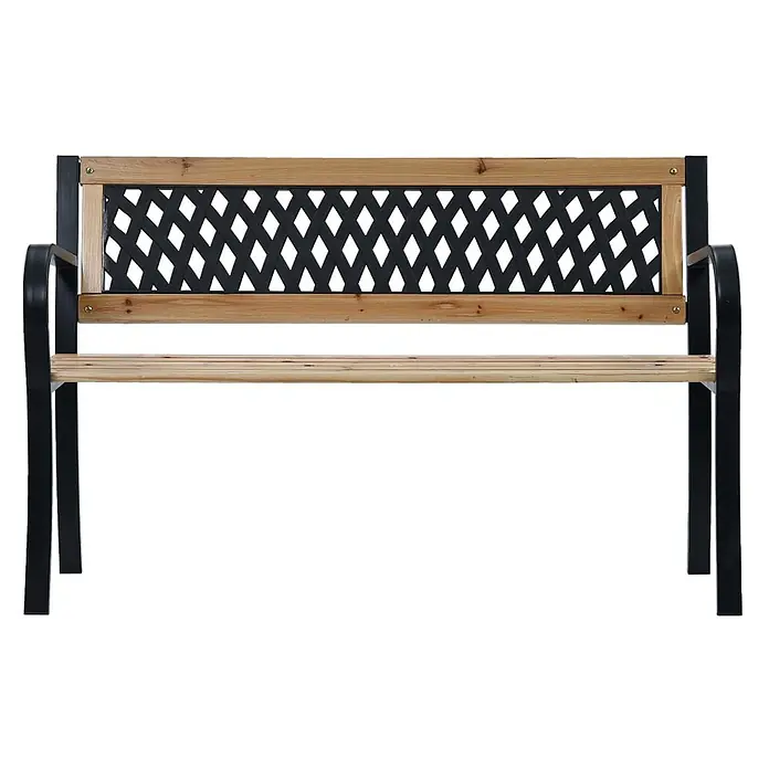 Furnicato Gartenbank Massivholz - B x T x H: 120 x 53 x 77 cm, Braun - Hölzerne und schwarze Metall-Gartenbank mit Lattenrostsitz und rautenförmiger Rückenlehne.
