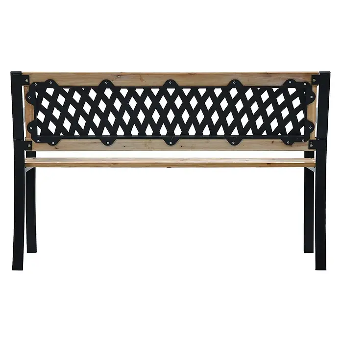 Furnicato Gartenbank Massivholz - B x T x H: 120 x 53 x 77 cm, Braun - Gartenbank mit heller Holzplatte und Rückenlehne, schwarzem Metallrahmen und dekorativem Rautenmuster.